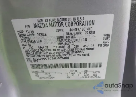 2011 Mazda Tribute I Sport z USA, uszkodzony, nr VIN 4F2CY0C70BKM02400